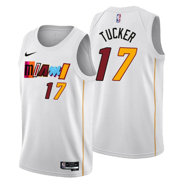 Men's Miami Heat #17 P.J. Tucker 2022/23 White City Edition Stitched Jersey Men's Miami Heat #17 P.J. Tucker 2022/23 White City Edition Stitched Jersey